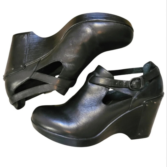 DANSKO Franka black leather wedge ankle strap studs heeled clogs casual W 10.5 - Picture 1 of 16